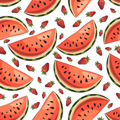 Helder zomer vector naadloos patroon: plakjes sappige watermeloen en aardbeien. Сlipart in rode en groene kleur op een witte achtergrond. Sjabloon voor uw ontwerp. Verpakking. Textiel. T-shirt bedrukken