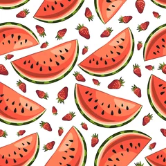 Wallpaper murals Watermelon Bright summer vector seamless pattern: slices of juicy watermelon and strawberries. Сlipart in red and green color on a white background. Template for your design. Packaging. Textile. T-shirt printing