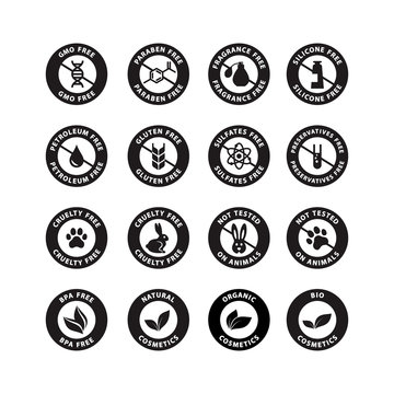 Cosmetics ingredients free circle vector badge stamp. Cosmetics packaging label set, fragrance free, silicone free, bio, natural cosmetics.