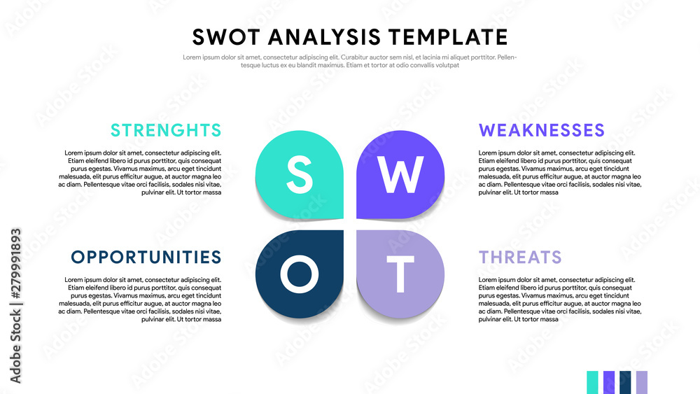 Poster four colorful elements with text inside placed around circle. concept of swot-analysis template or s