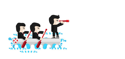 Business men paddle on the boat while leader is looking through monocular, Flat design character, illustration element, Business team concept