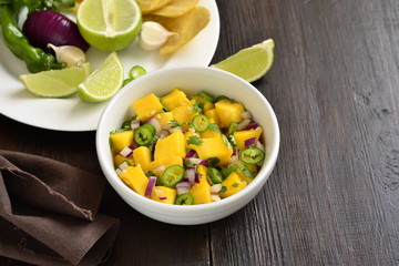 Homemade Mango Salsa with Ingredients and Corn Chips, copy space