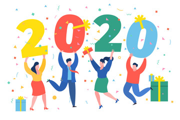 Business people, man and woman building a numbers 2020, in flat modern style. preparing to meet the new year .