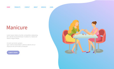 Manicure service vector, master and client, nail polishes. Women at table painting nails, beauty salon online webpage, color bottles of varnishes