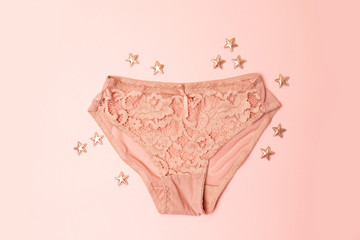 Fashion fashionable underwear. Lace white panties flat lay. Womens. Accessories, shopping concept