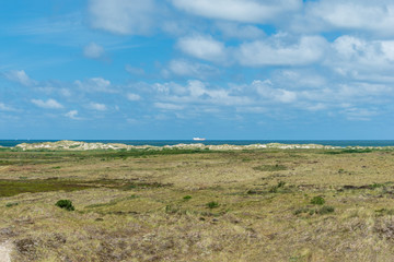 Obraz premium Large white ship on the horizon in a blue sea dune landscape in the foreground. Terschelling, The Netherlands, Europe.