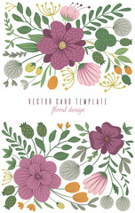 Vector card template with floral elements. Design with flowers for stationery, letter, invitation, greeting. Vertical frame with beautiful tapestry like spring or summer background..