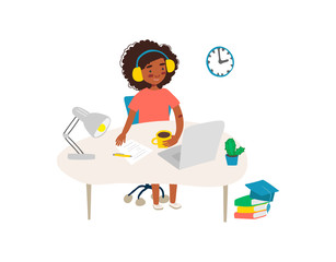 Student in learning process. Flat illustration of african woman studying online at his workplace, using his laptop. Vector template with work table, books, lamp, etc