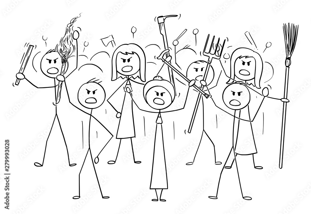 Poster vector cartoon stick figure drawing conceptual illustration of angry mob characters with torch and t