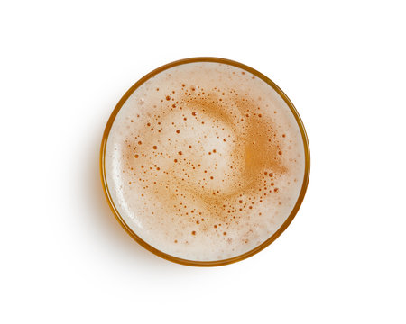 top view of beer bubbles in glass cup on white background. with clipping path.