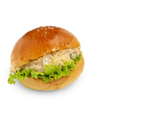 Mini burger with tuna salad and vegetables isolated on white background.