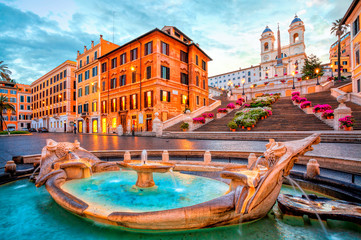 Piazza di spagna in Rome, italy. Spanish steps in Rome, Italy in the morning. One of the most famous squares in Rome, Italy. Rome architecture and landmark. - obrazy, fototapety, plakaty