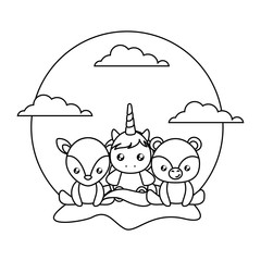 cute little unicorn with bear and reindeer baby in landscape
