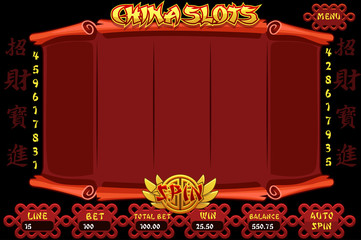 China style Casino slot machine game. Vector complete Interface Slot Machine and buttons on separate layers. Chinese characters representing good luck and fortune