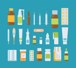Collection of medicine bottles, sprays, tablets and capsules, drops and ointments. Medical elements for pharmacy or drug store. Flat vector illustration. 