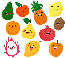 Cute and funny fruit characters with eyes. Vector fruit isolates on white background. Cartoon fruits