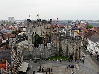 Naklejka premium Amazing view from above. Small and comfortable town Gent. Medieval history around you.Must see for all explorer. View from Drone. From Belgium with Love. Castle