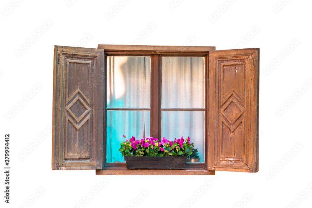 Wall mural old brown wooden window with flowers isolated on white background