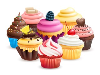 Realistic cupcakes with fruits, cream, chocolate, cherry vector illustration. Cupcake with blackberry, confectionery cake with chocolate