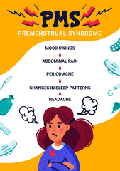 PMS vertical banner concept. Woman suffering from premenstrual syndrome and related products such as sanitary pads and tampons. Vertical A4 proportion format. Flat style vector illustration.