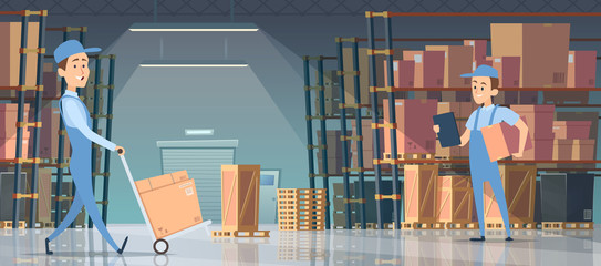 Warehouse interior. Big room with boxes on pallet shelves people loaders working vector inside of warehouse. Storage package box, interior with pallet and large box illustration