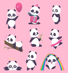 Panda kids. Little funny bear sweet animals in action poses vector cartoon characters. Animal panda happy, emotion and pose, eat and act illustration © ONYXprj