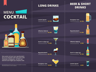 Cocktail menu. Alcoholic different corporate drinks in restaurant or bar menu vector design template. Illustration of bar menu cocktail and alcohol
