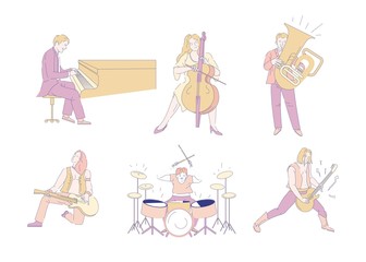 Music concert rock musicians and orchestra players isolated characters