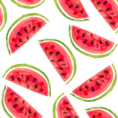Watercolor seamless pattern with fresh watermelon slices on white background