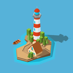 Fototapeta premium Lighthouse isometric. Sea ocean boat beach small island with navigation lighthouse and building vector picture. Illustration of lighthouse in ocean, house building tower navigation
