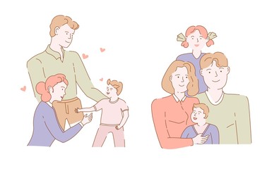 Mother and father children family portrait isolated characters groups