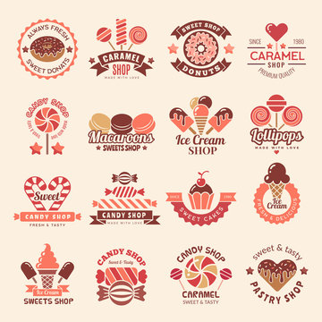 Candy shop badges. Sweets cookie cupcakes lollipop symbol for confectionary vector logos collection. Illustration of shop candy, dessert lollipop