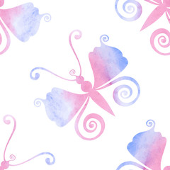 Butterflies and watercolor. Seamless pattern. Vector graphics