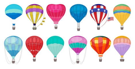 Hot air balloon. Romantic colorful flying entertainment festival balloons outdoor in sky vector collection. Air hot balloon travel, sky transport illustration