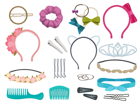 Hair accessories. Woman hair items stylist salon flowers elastic bands bows hoops vector cartoon illustrations. Illustration of hair accessories, accessory for care and clip hairnine,