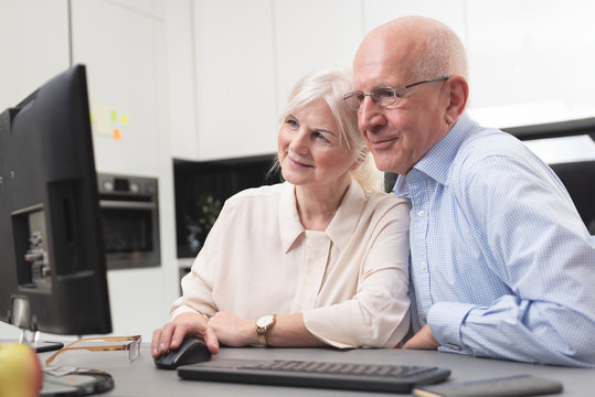 Happy elder couple enjoy together at computer
