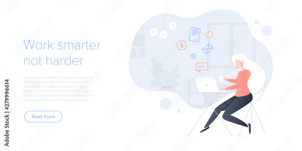 Poster effective time management flat vector illustration. young woman prioritizing tasks or organization f