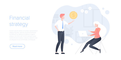 Financial business strategy flat vector illustration. Young businessman doing data analytics for company marketing solutions or successful performance. Budget accounting or statistics.