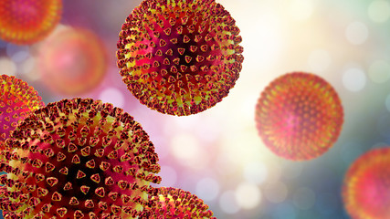 Viruses with surface spikes, 3D illustration. Science research background
