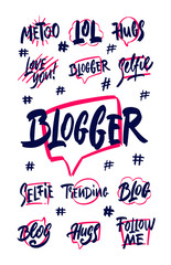Selfie, cool, happy, my bae, wow, blogger, hi five, relax. Stickers set for social media content. Vector hand drawn lettering design. Good for poster, t shirt print, card
