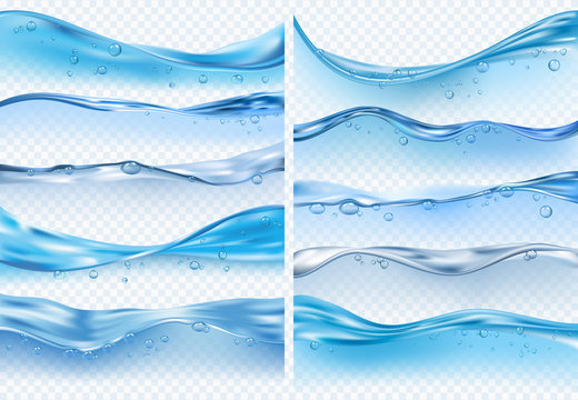Wave realistic splashes. Liquid water surface with bubbles and splashes ocean or sea vector backgrounds on transparent background