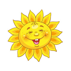 Funny, smiling sun. In cartoon style. Isolated on white background. 