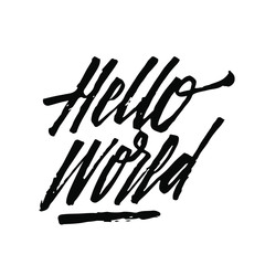 Hello world hand lettering quotes to print on babies clothes, nursery decorations bags, posters, invitations, cards, pillows, etc. . Modern brush calligraphy. Vector illustration. Photo overlay.
