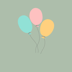 Three kawaii style doodle air balloons of pastel pink blue orange color on gray background. Vector birthday greeting card template for kids adults with copy space for text. Trendy minimalist