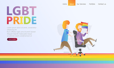 Website design template, two people play racing on office chairs with holding Rainbow color flag , sexual orientation, LGBT movement concept, Banner website, illustrator element