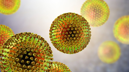 Viruses with surface spikes, 3D illustration. Science research background - obrazy, fototapety, plakaty