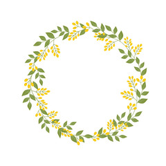 Fototapeta premium Botanical floral wreath with twigs of yellow sandthorn berries green leaves on white. Template mock up for text lettering. Vector illustration in sketchy retro style earthy warm color palette