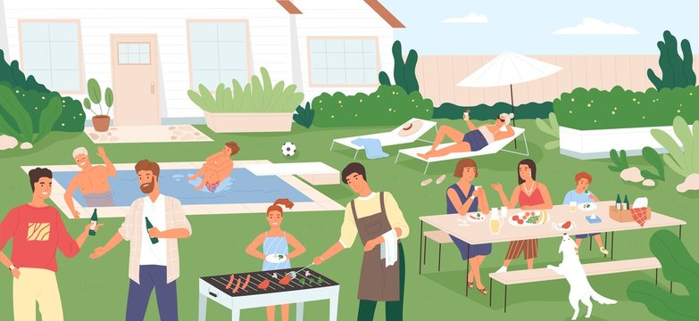 Adults And Kids Spending Time In Backyard At Barbecue Party Or Picnic. People Performing Recreational Activities In Garden - Cooking, Sunbathing, Swimming In Pool. Flat Cartoon Vector Illustration.