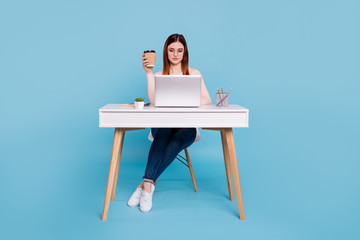 Portrait of her she nice attractive concentrated focused girl sitting in chair daily task hr...