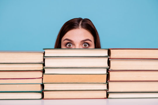 Close-up portrait of her she nice attractive intellectual smart clever brainy funny girl doing exam test subject self development at work place station isolated over bright vivid shine blue background